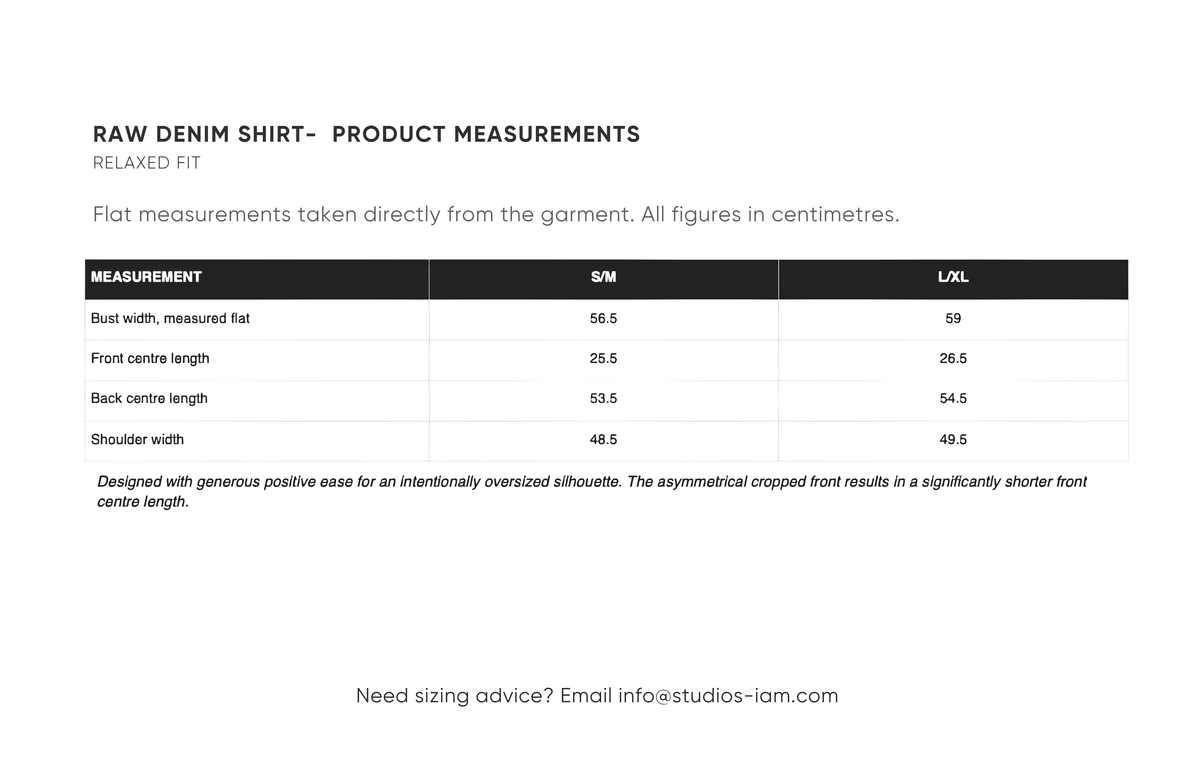 Product measurements chart