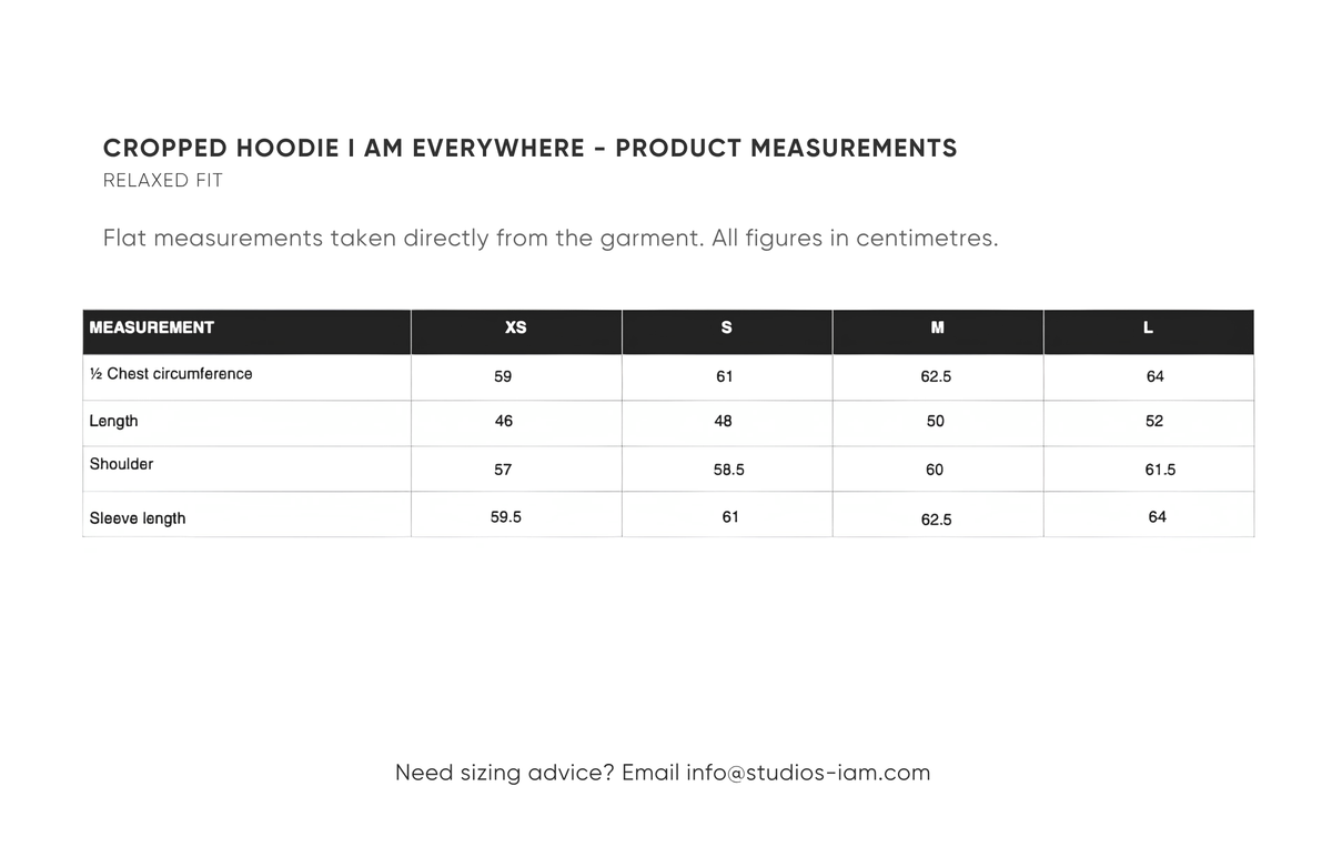 Product measurements chart