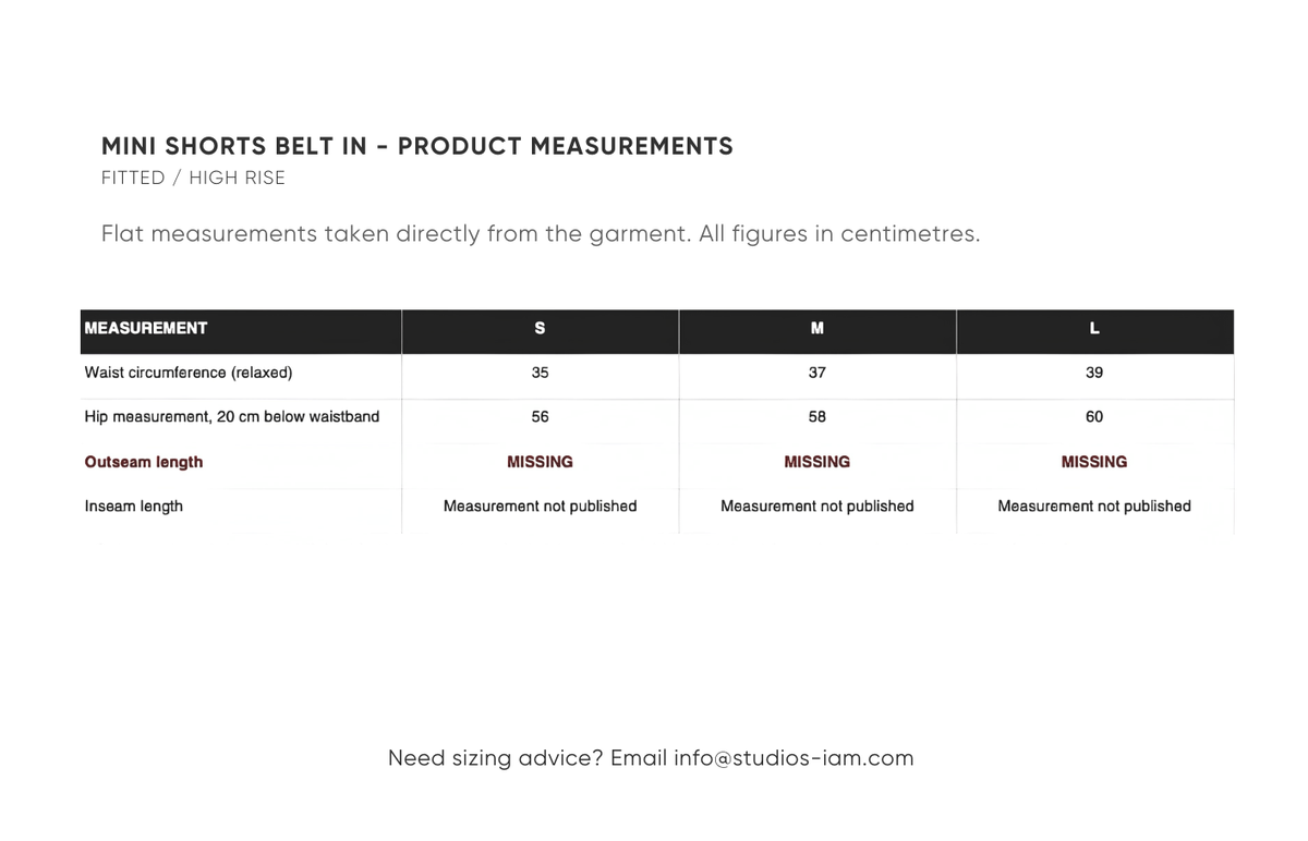 Product measurements chart