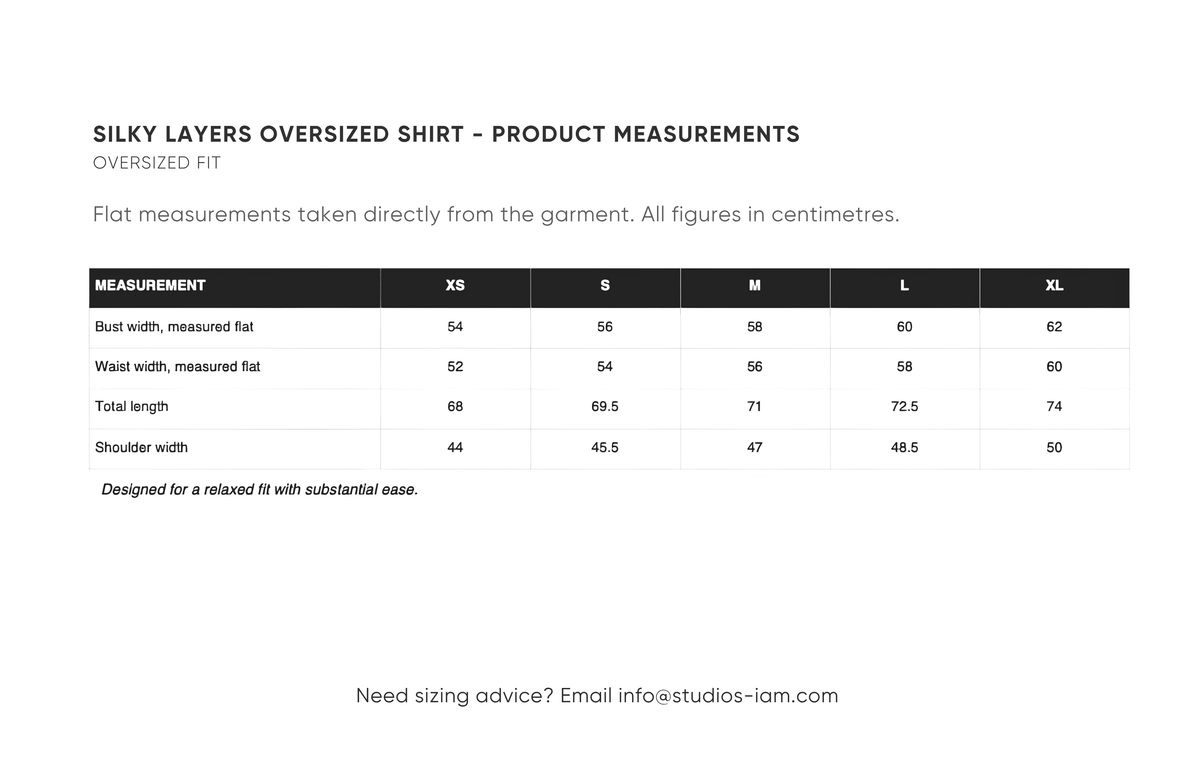 Product measurements chart