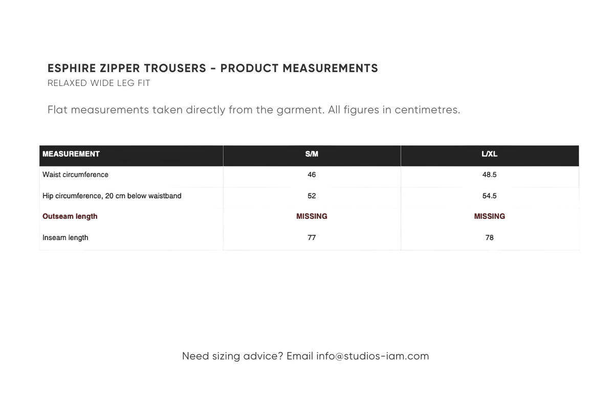 Product measurements chart