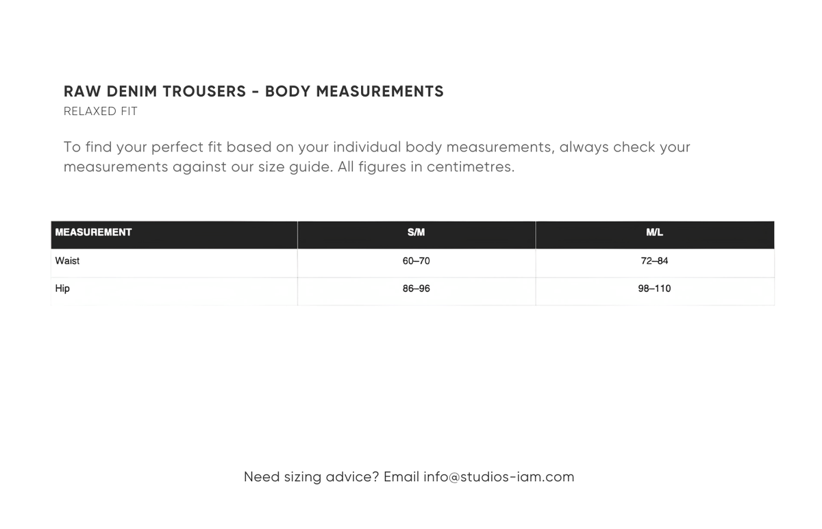 Body measurements chart