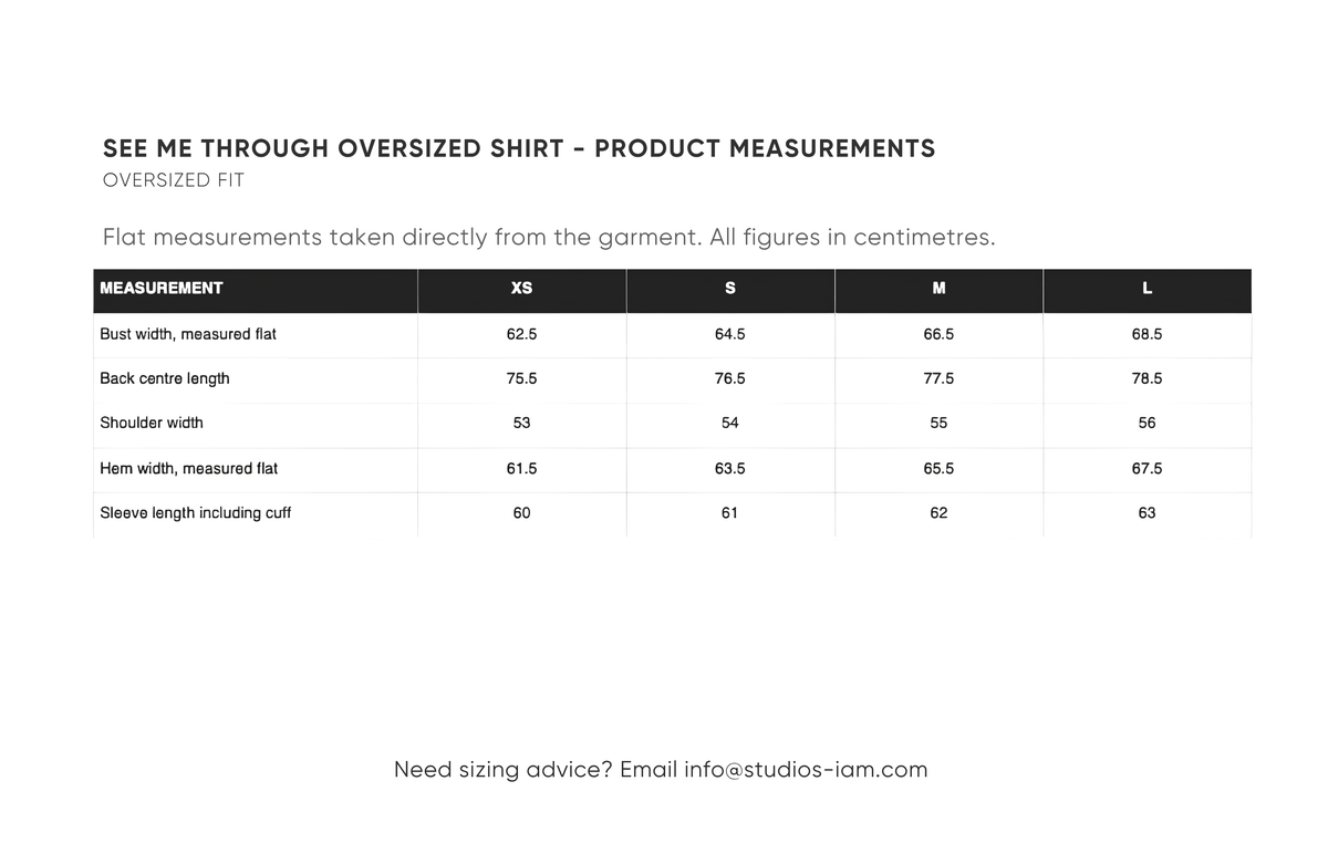 Product measurements chart