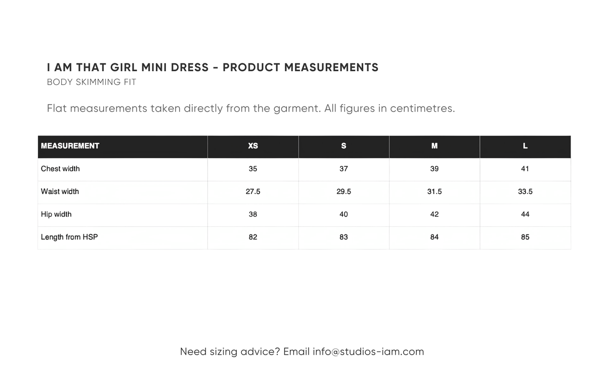 Product measurements chart