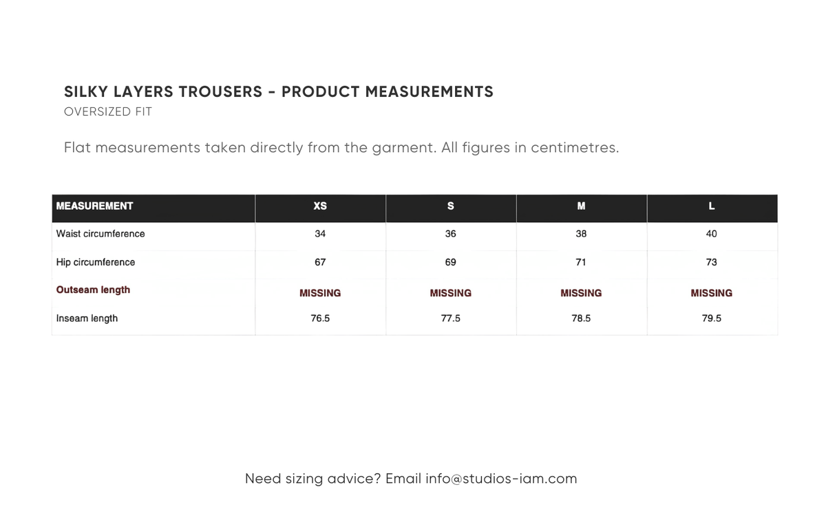 Product measurements chart