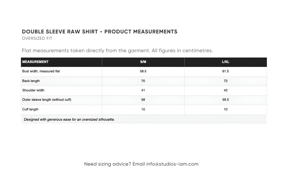 Product measurements chart