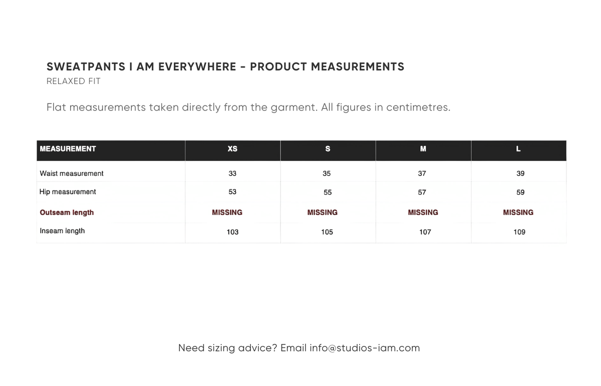 Product measurements chart