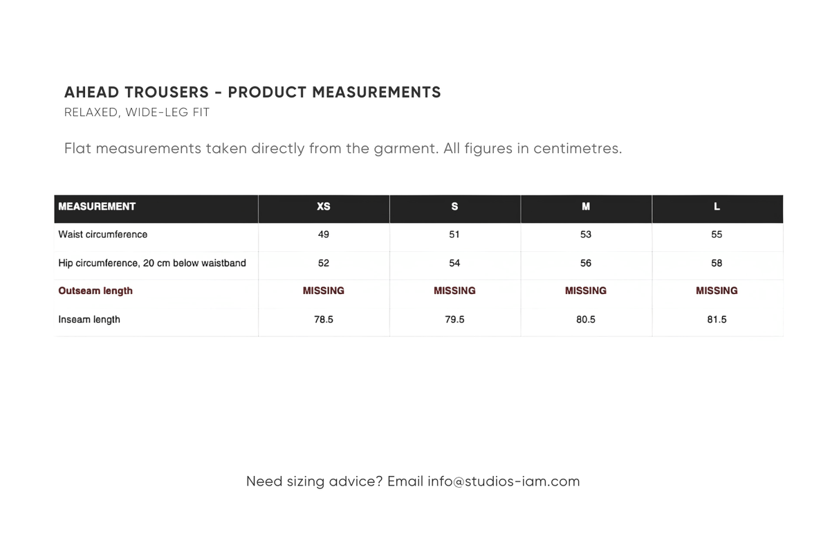 Product measurements chart
