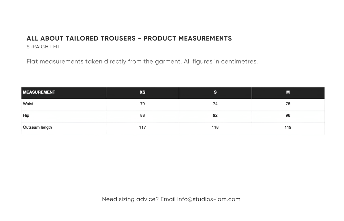 Product measurements chart