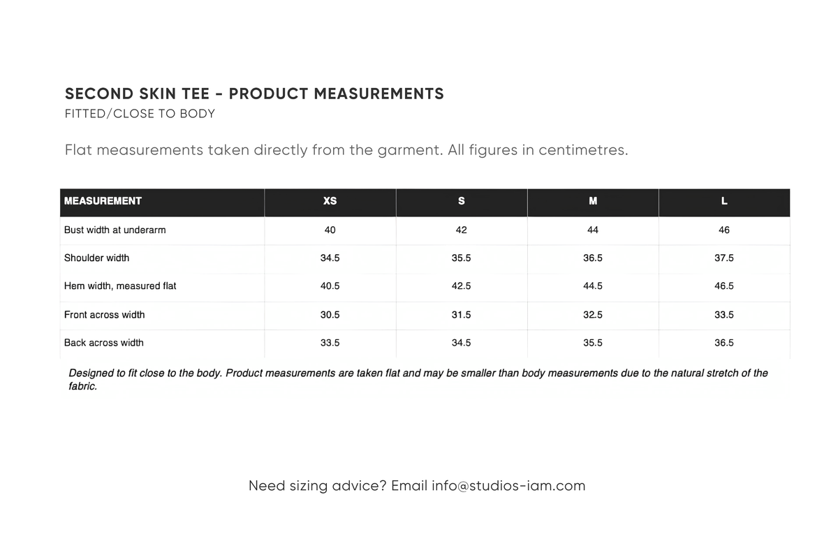 Product measurements chart
