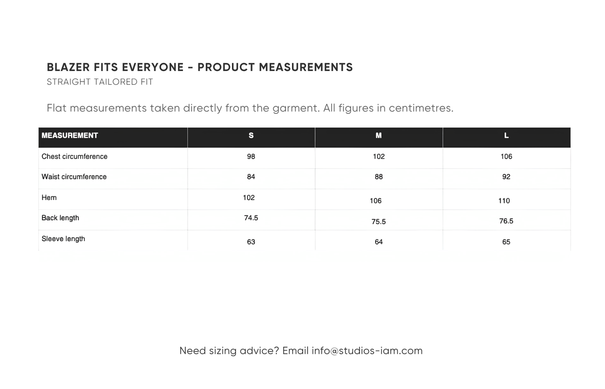 Product measurements chart