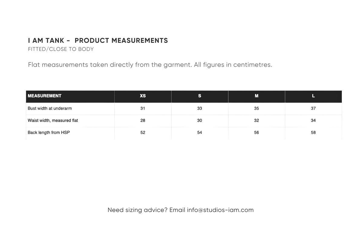 Product measurements chart
