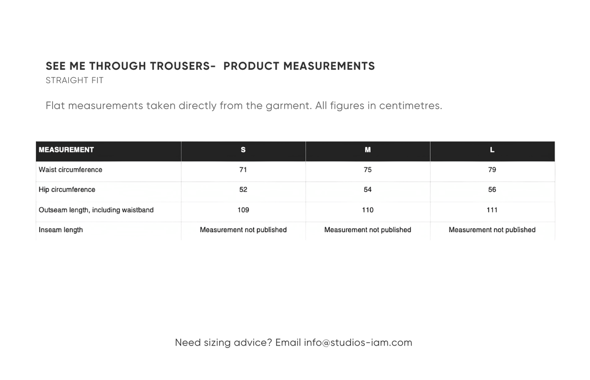 Product measurements chart
