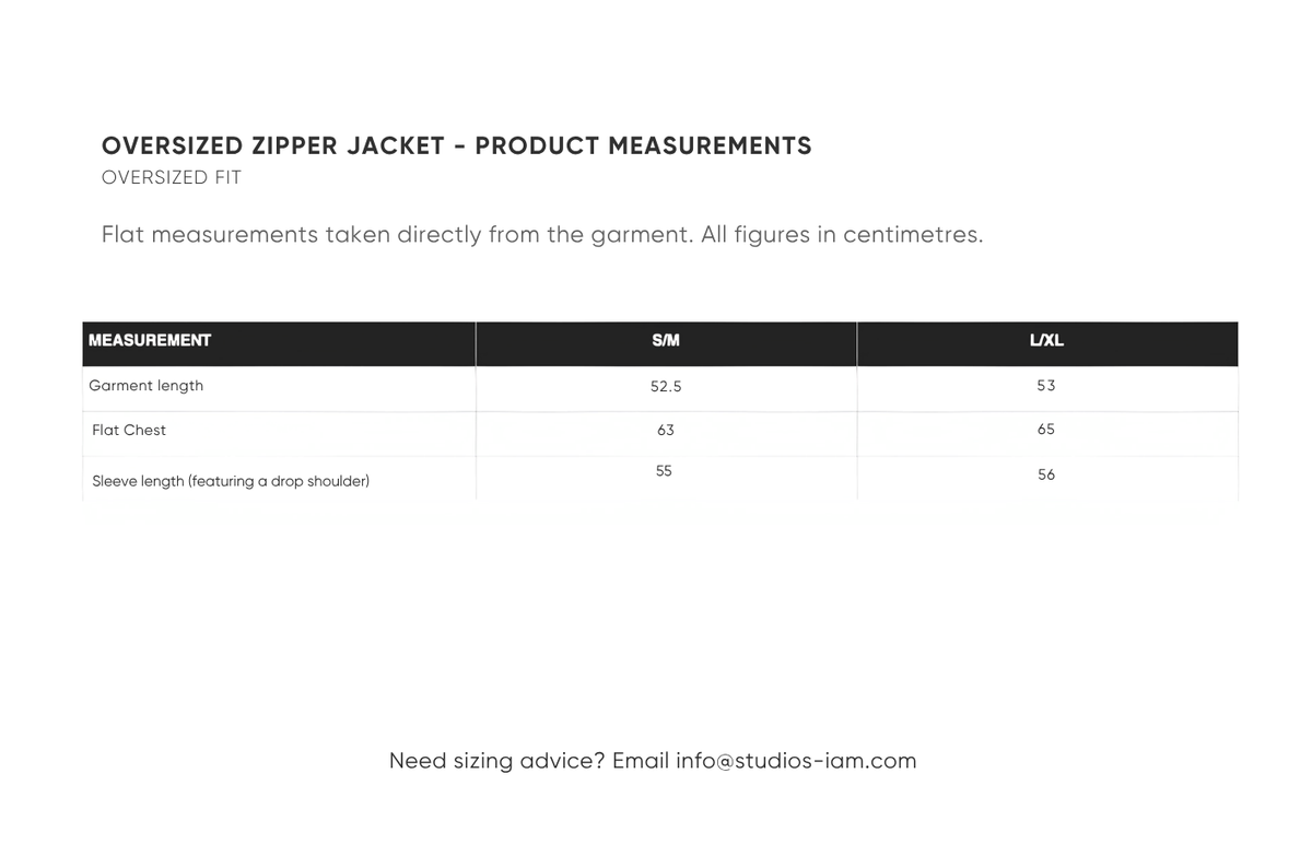 Product measurements chart